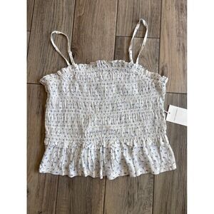Free Assembly Smocked‎ Cami Top Womens M White Blue Floral NWT Ruffle Peplum